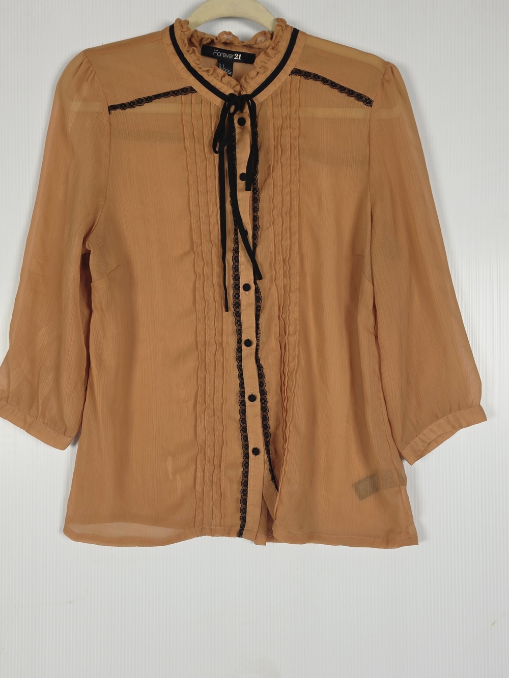 Forever 21 Burnt Orange Tie-Neck Ruffle Blouse with Black Trim
